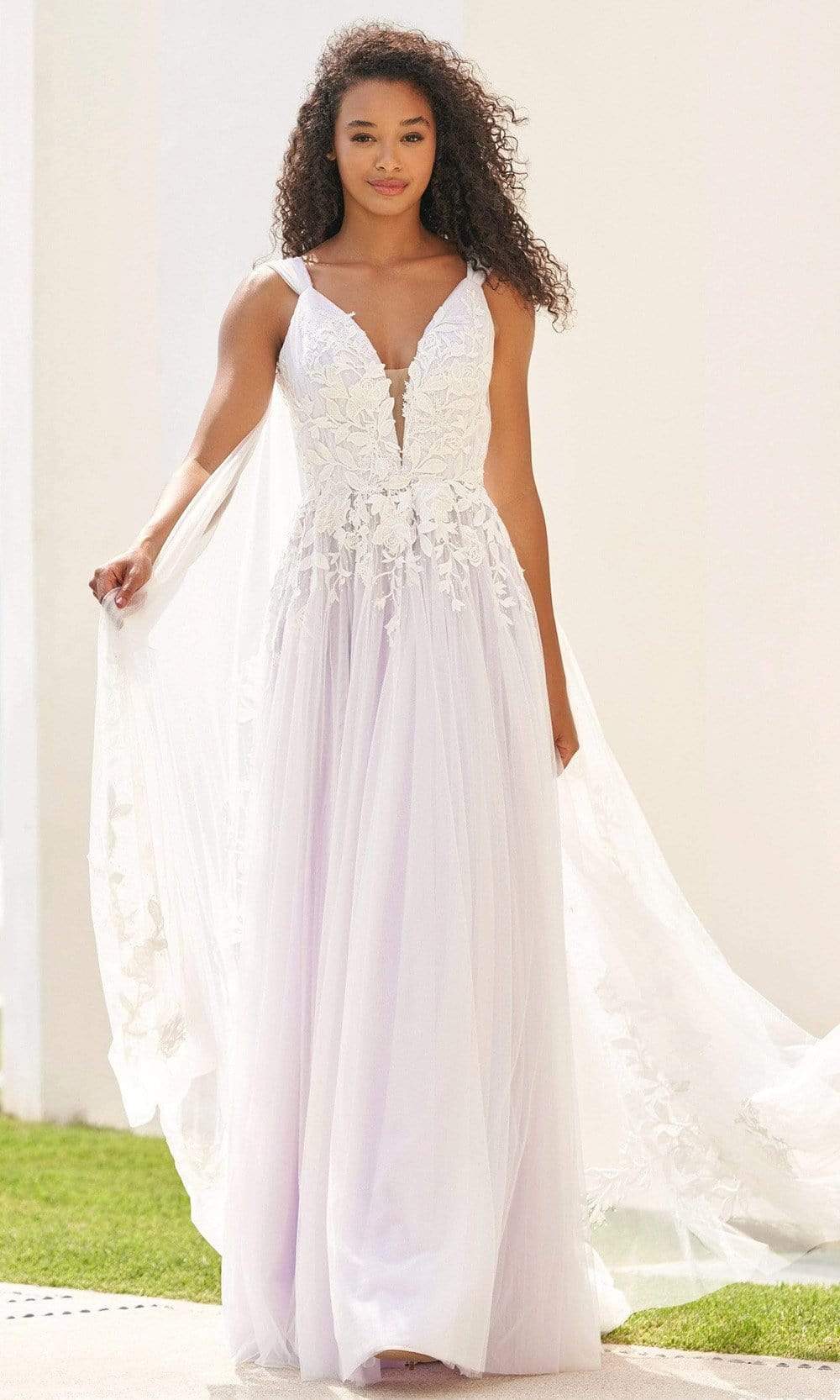 Whimsical A-Line V-Neck Sleeveless Cape Effect Lace-Embellished Floor Length Evening Dress