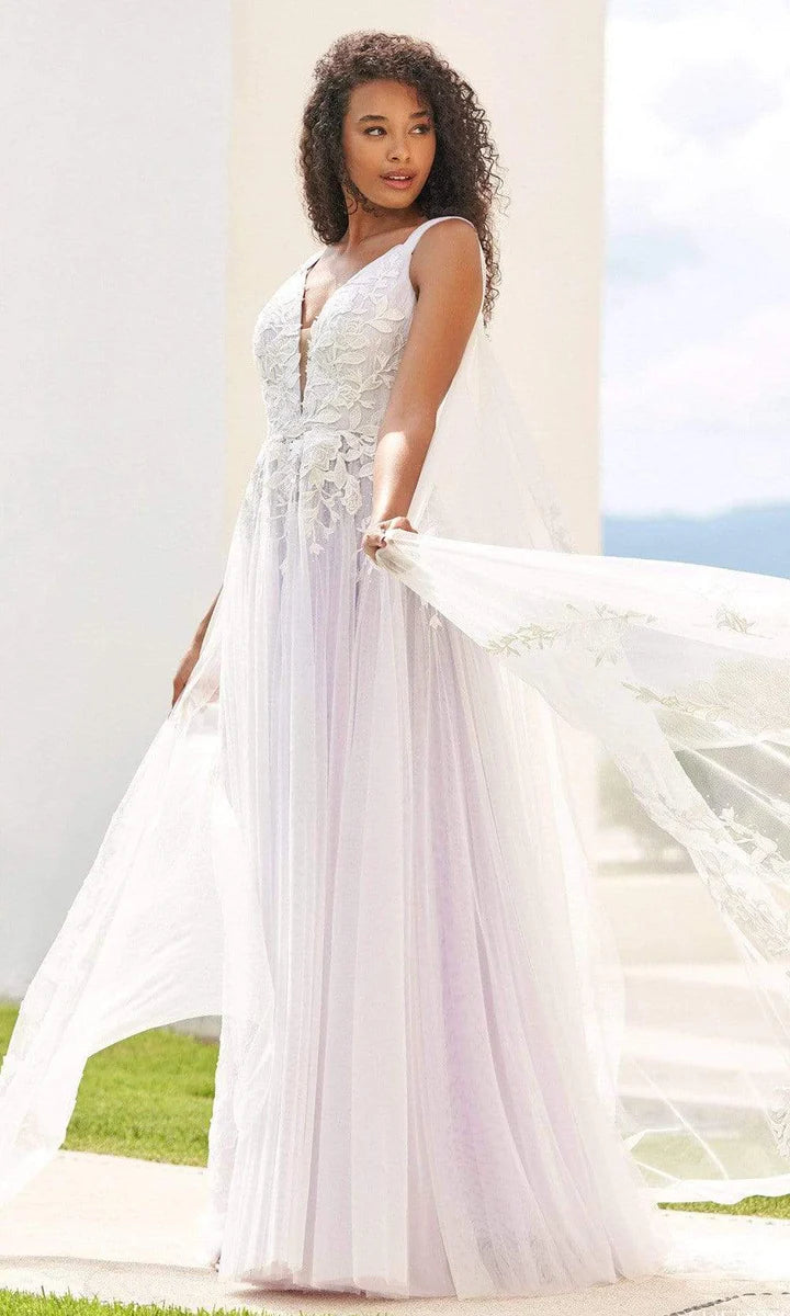 Whimsical A-Line V-Neck Sleeveless Cape Effect Lace-Embellished Floor Length Evening Dress