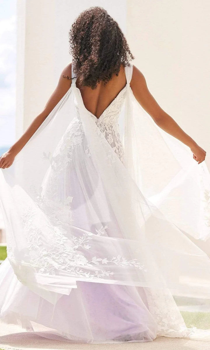 Whimsical A-Line V-Neck Sleeveless Cape Effect Lace-Embellished Floor Length Evening Dress