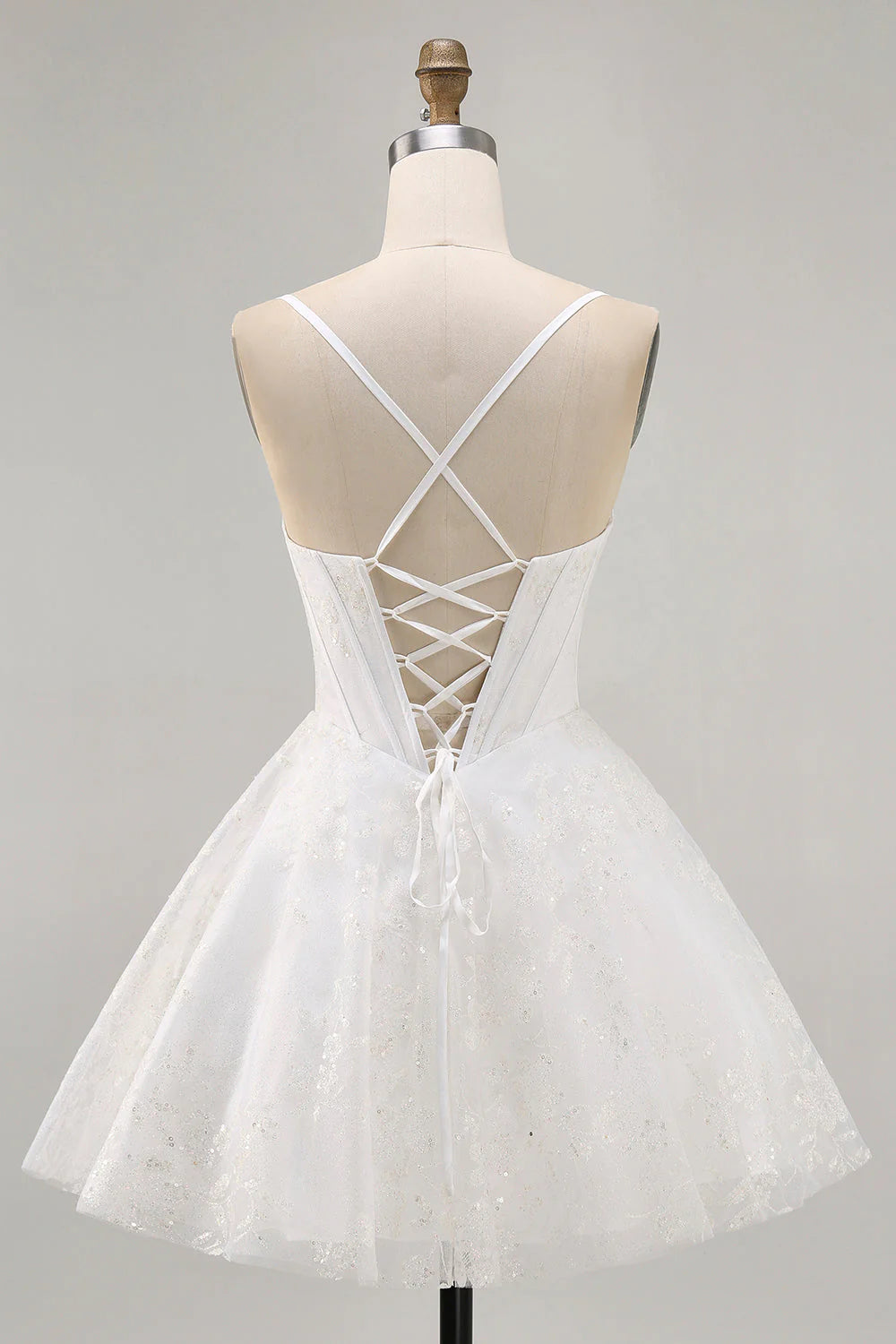 White A-Line Spaghetti Straps Sequins Corset Short Homecoming Dress