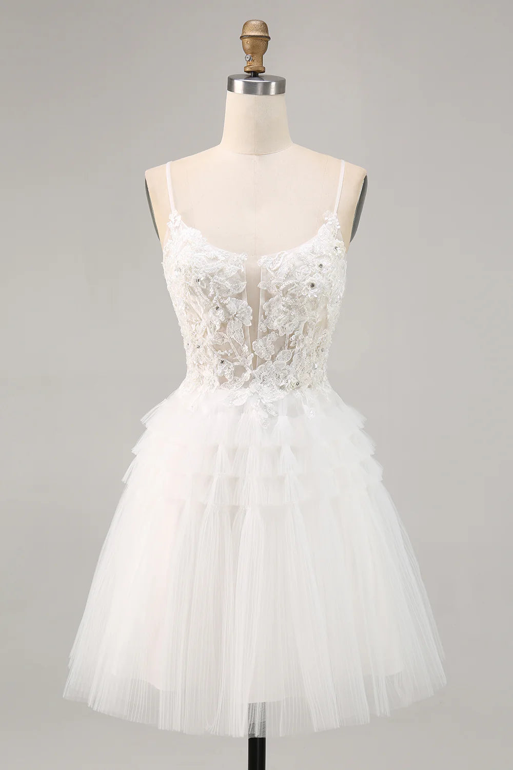 White A-Line Spaghetti Straps Tulle Short Homecoming Dress with Sequins