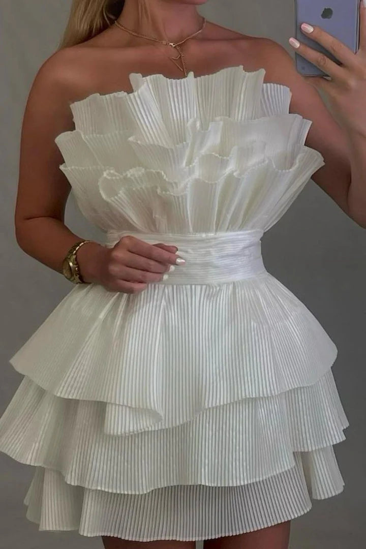 White A-Line Strapless Ruffles Sleeveless Short Cocktail Homecoming Dress