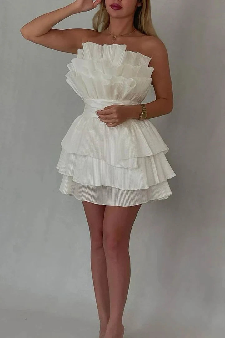White A-Line Strapless Ruffles Sleeveless Short Cocktail Homecoming Dress