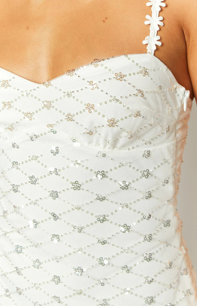 White Beaded Stitched beaded detailing all over Mini Dress