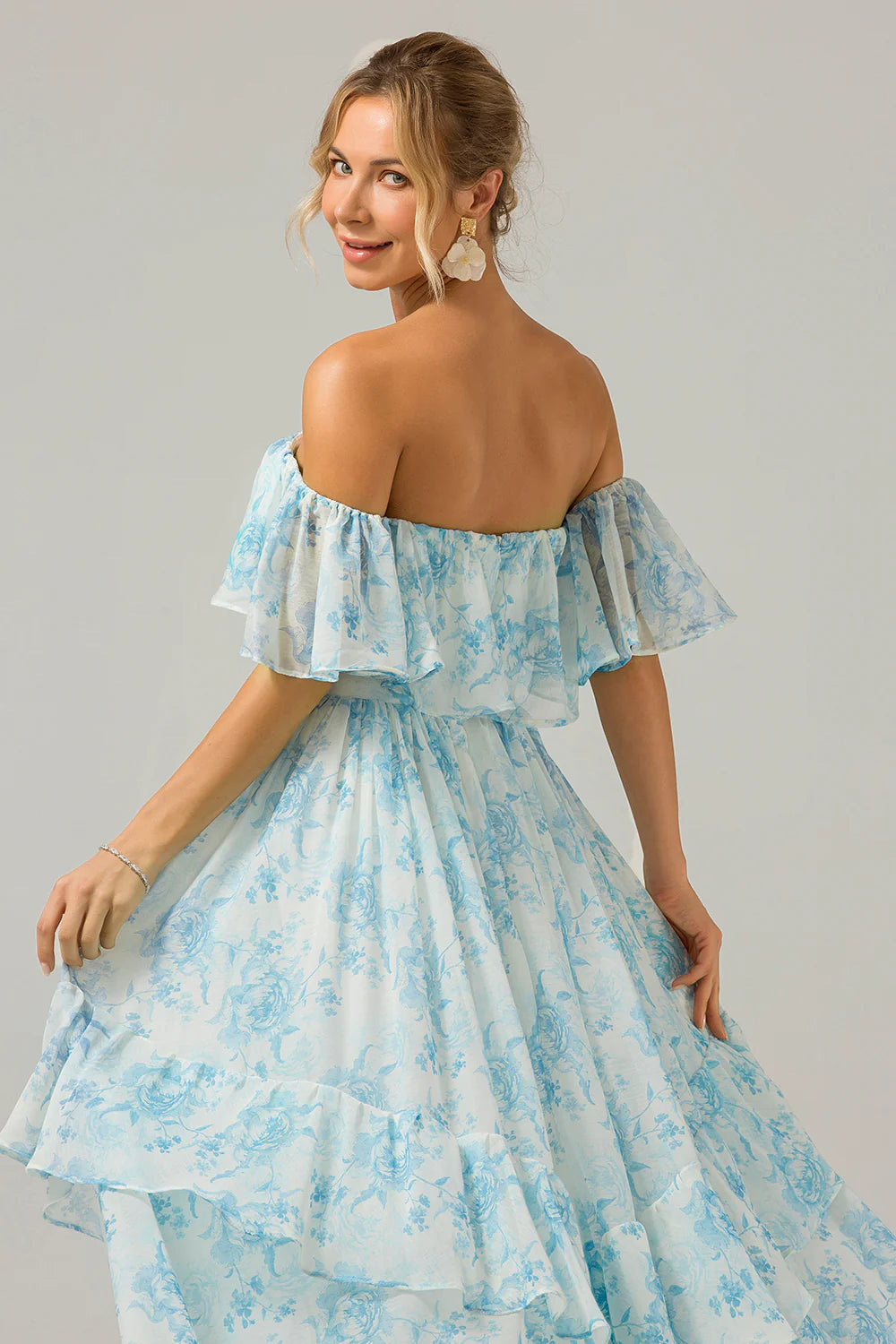 White Blue Floral A Line Off The Shoulder Tiered Maxi Dress