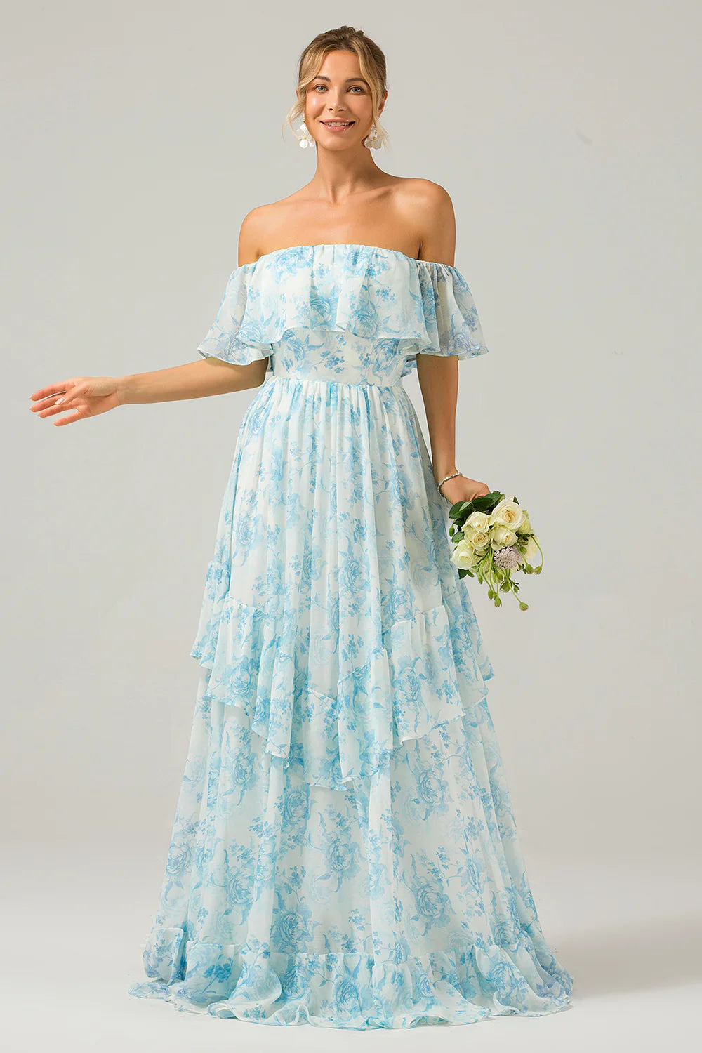 White Blue Floral A Line Off The Shoulder Tiered Maxi Dress