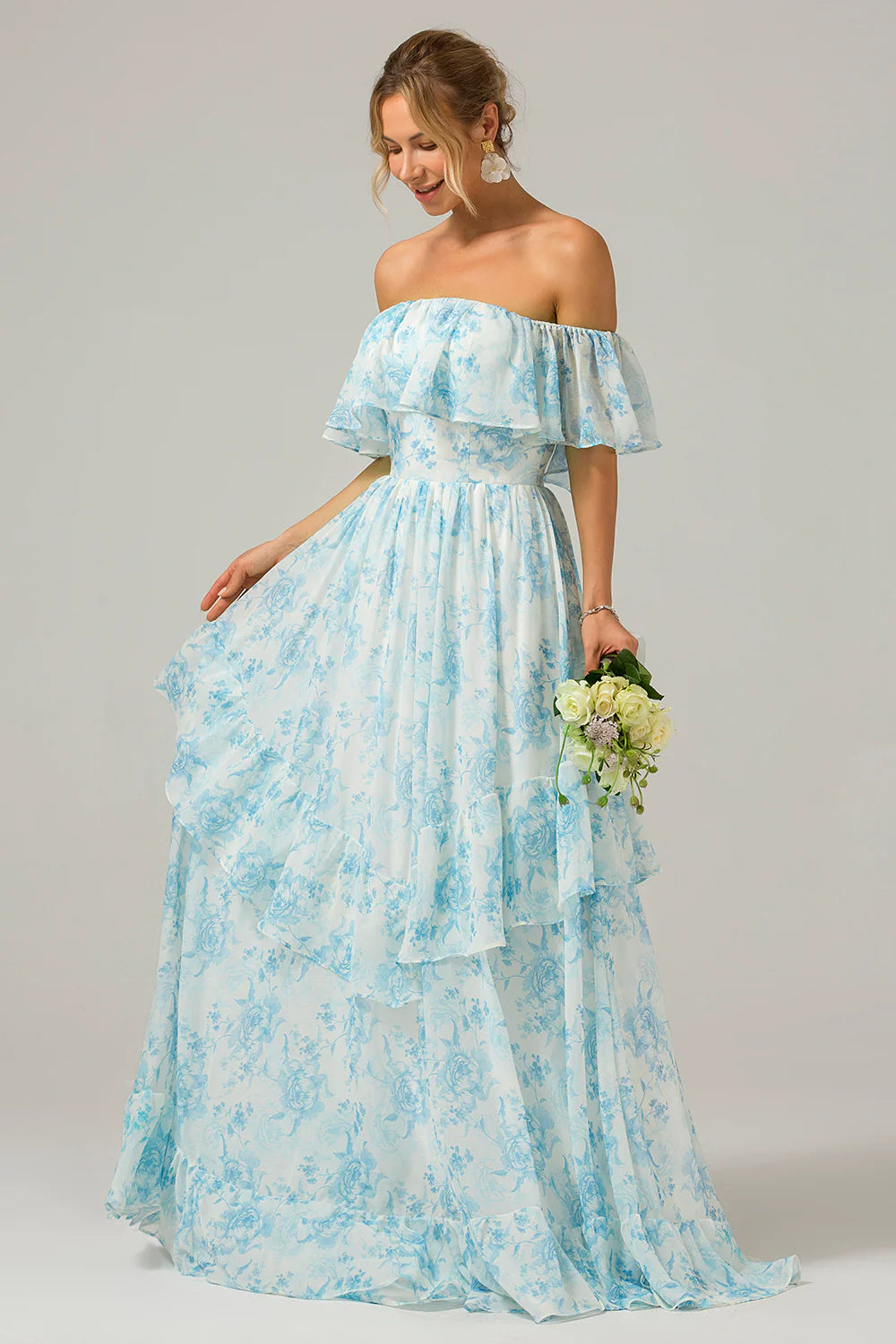 White Blue Floral A Line Off The Shoulder Tiered Maxi Dress