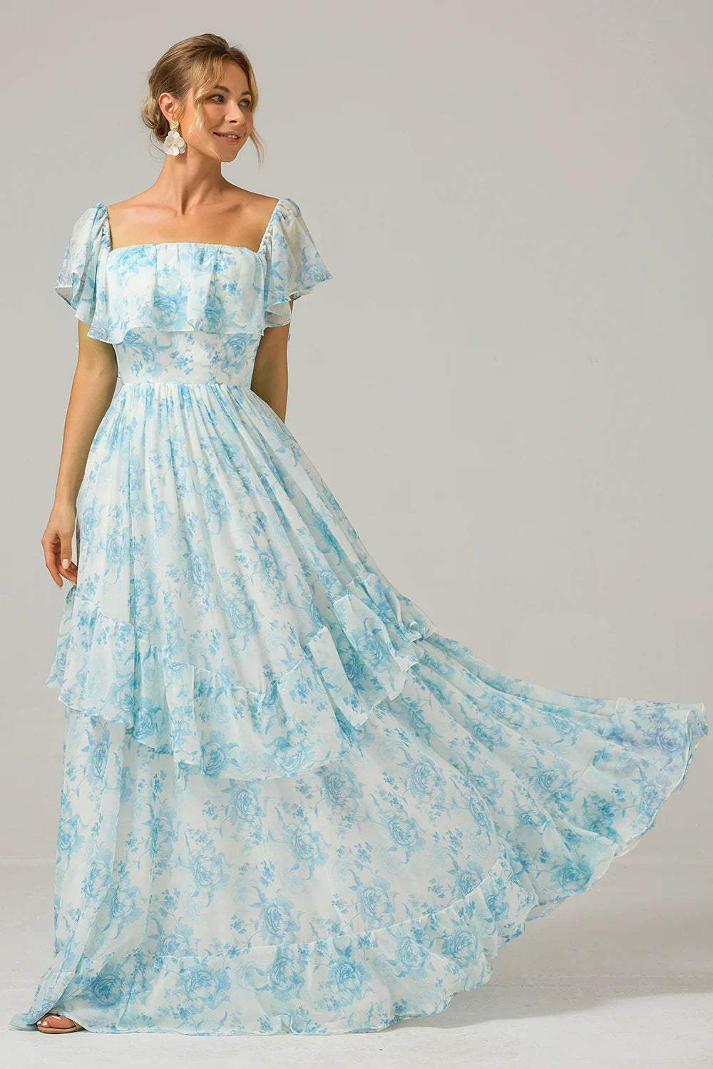 White Blue Floral A Line Off The Shoulder Tiered Maxi Dress