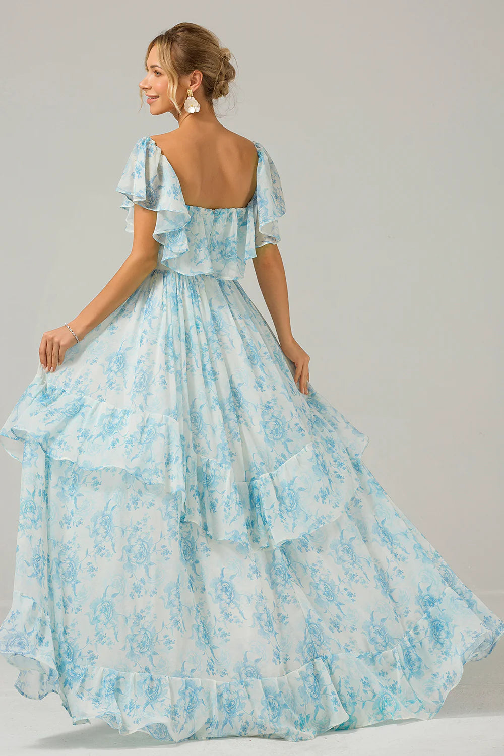 White Blue Floral A Line Off The Shoulder Tiered Maxi Dress