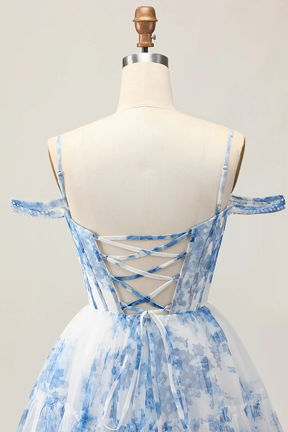 White Blue Flower A-Line Cold Shoulder Printed Beaded Homecoming Dress