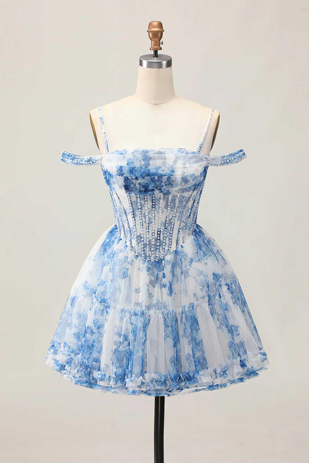 White Blue Flower A-Line Cold Shoulder Printed Beaded Homecoming Dress