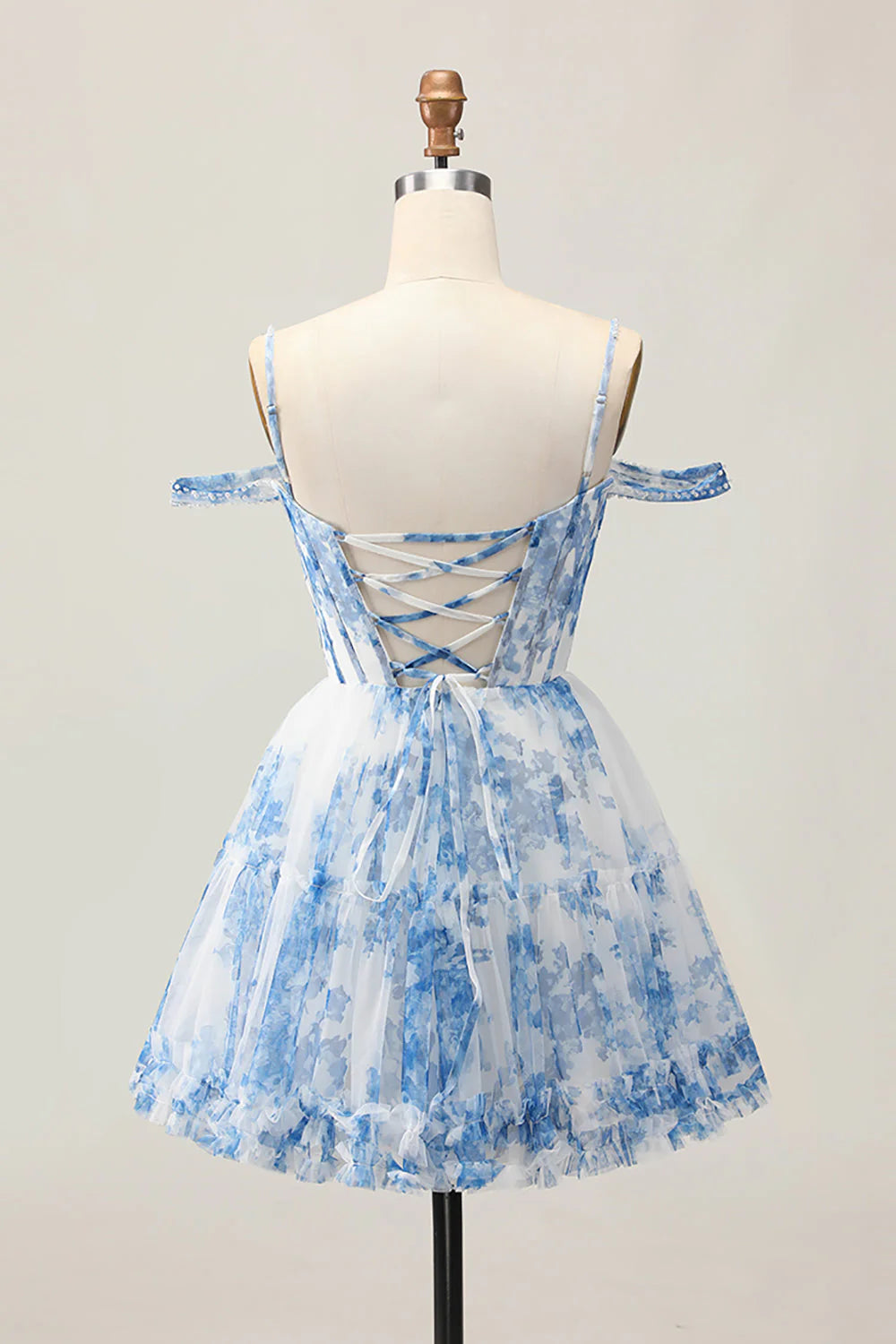 White Blue Flower A-Line Cold Shoulder Printed Beaded Homecoming Dress