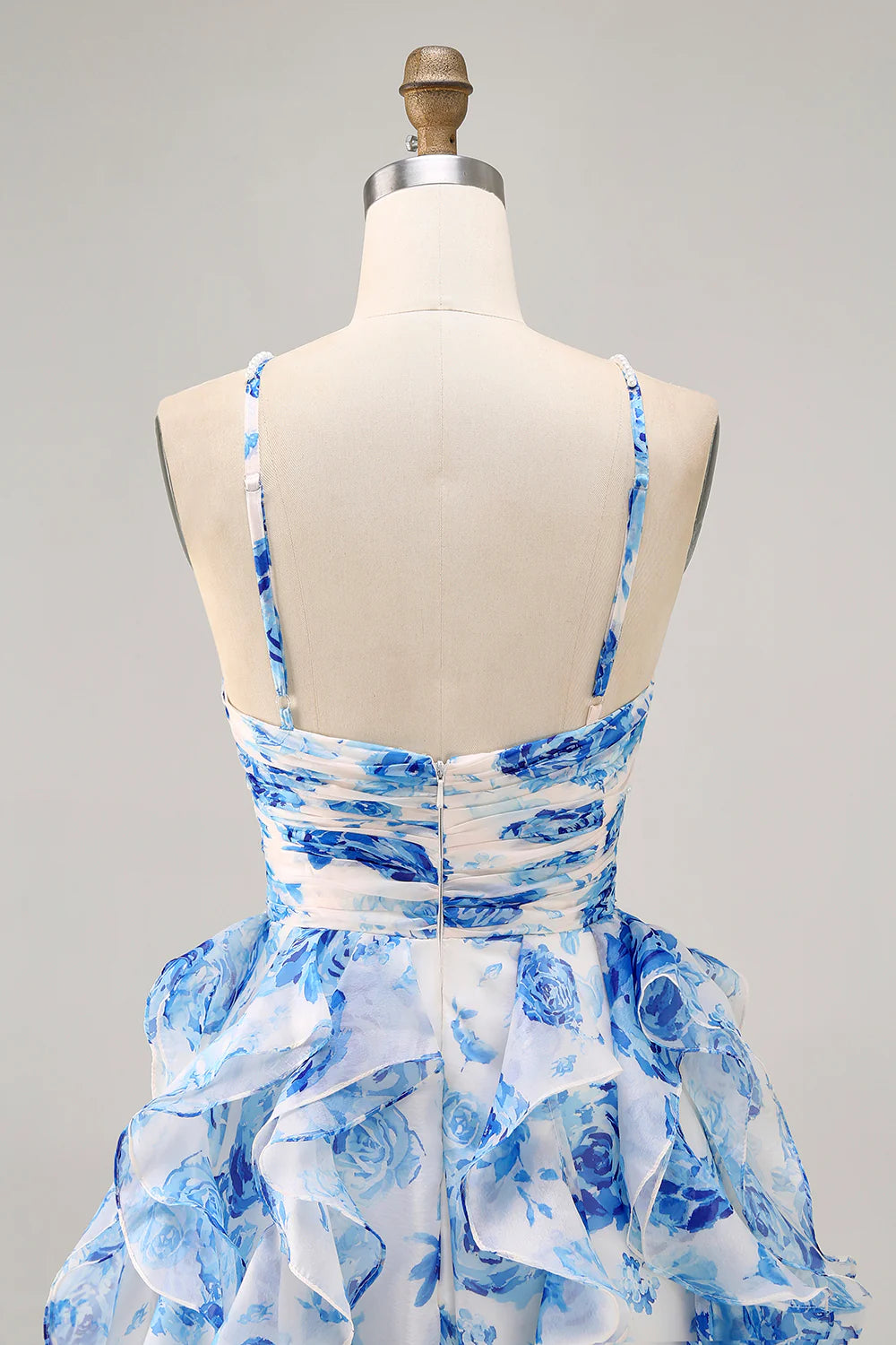 White Blue Flower A-Line Halter Cut Out Short Homecoming Dress with Pearls
