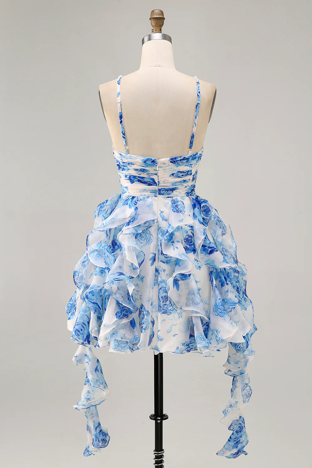 White Blue Flower A-Line Halter Cut Out Short Homecoming Dress with Pearls
