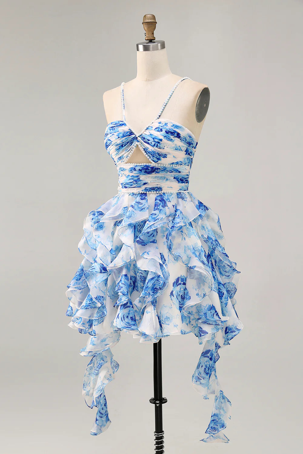 White Blue Flower A-Line Halter Cut Out Short Homecoming Dress with Pearls