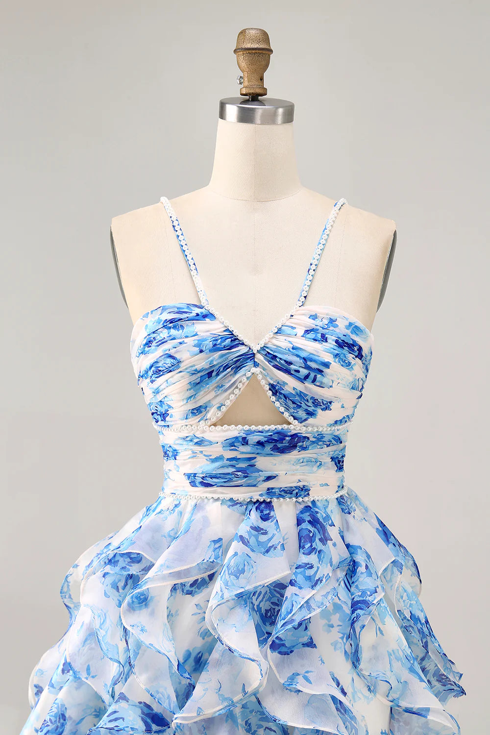 White Blue Flower A-Line Halter Cut Out Short Homecoming Dress with Pearls
