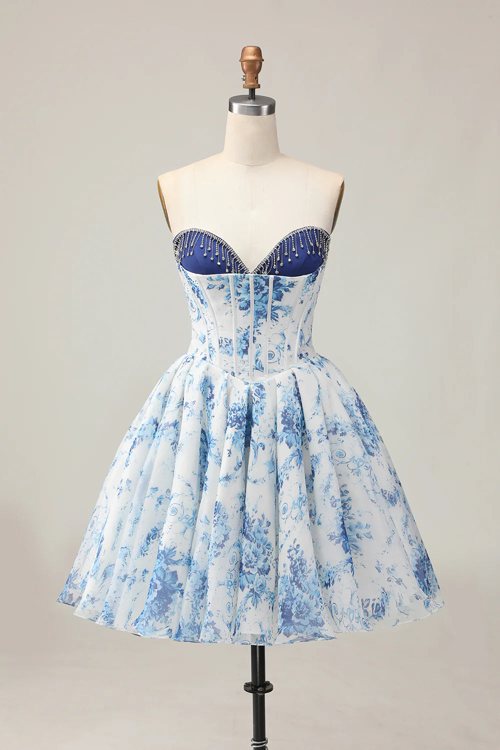 White Blue Flower A-Line Strapless Corset Homecoming Dress with Rhinestones