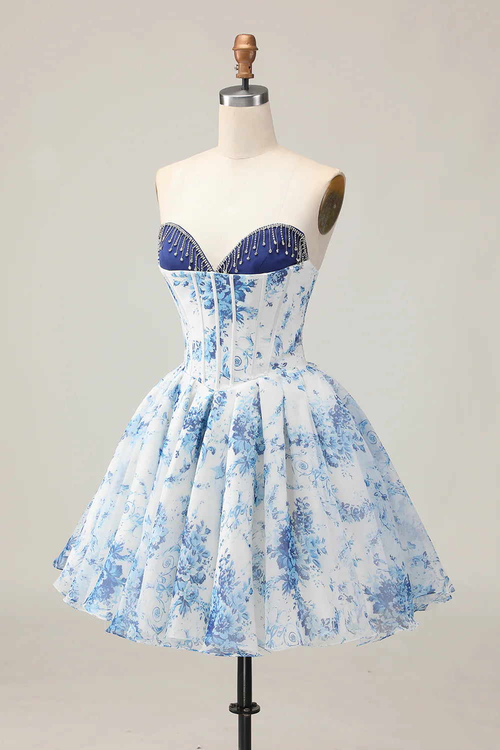 White Blue Flower A-Line Strapless Corset Homecoming Dress with Rhinestones