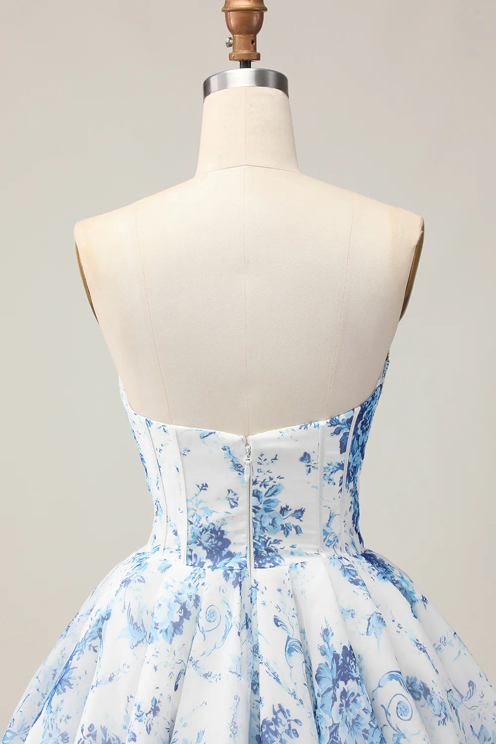 White Blue Flower A-Line Strapless Corset Homecoming Dress with Rhinestones