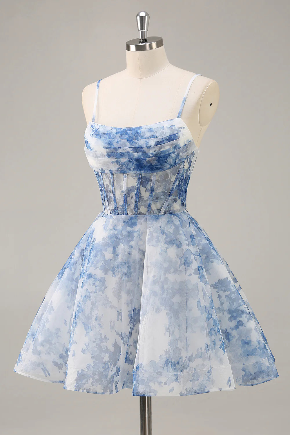 White Blue Flower A Line Spaghetti Straps Corset Homecoming Dress
