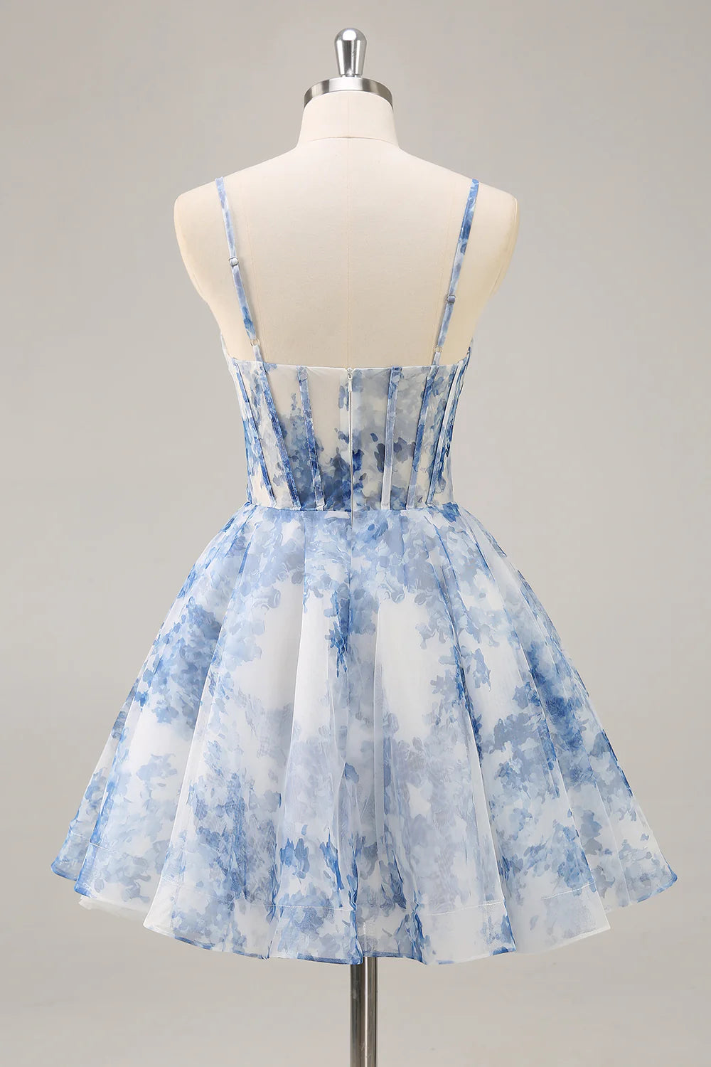 White Blue Flower A Line Spaghetti Straps Corset Homecoming Dress