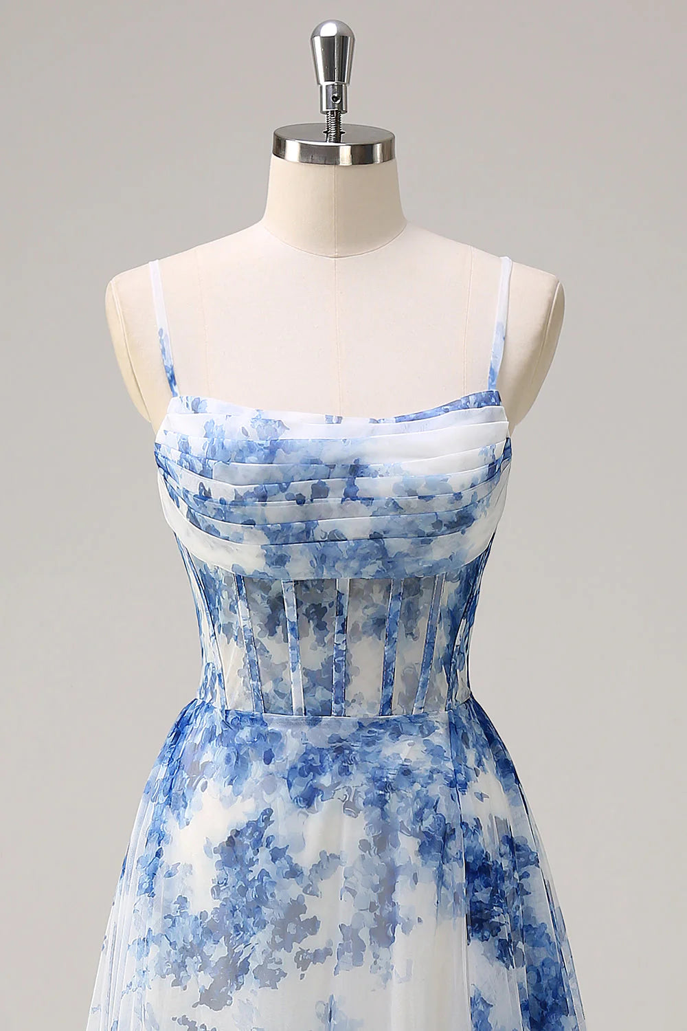 White Blue Flower A Line Spaghetti Straps Ruched Corset Long Prom Dress With Slit