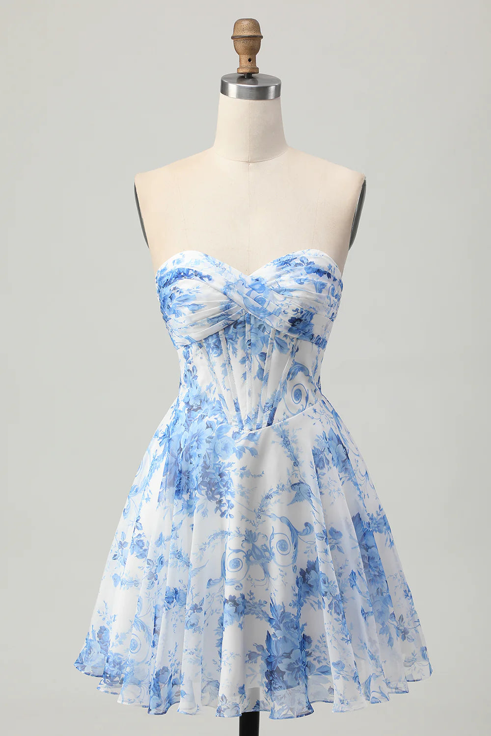 White Blue Flower Corset A Line Short Homecoming Dress