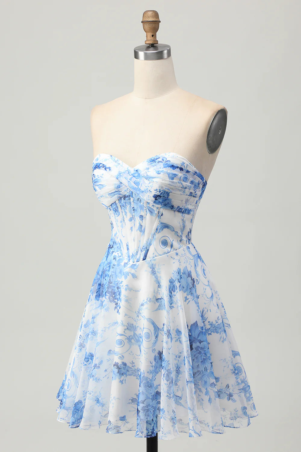 White Blue Flower Corset A Line Short Homecoming Dress