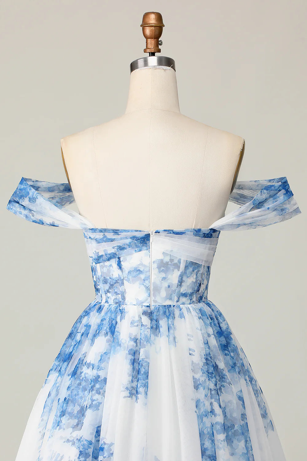 White Blue Flower Off The Shoulder Printed Corset Homecoming Dress with Ruffles