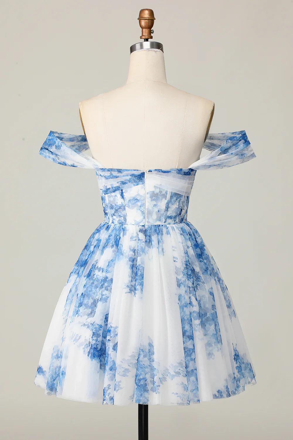 White Blue Flower Off The Shoulder Printed Corset Homecoming Dress with Ruffles