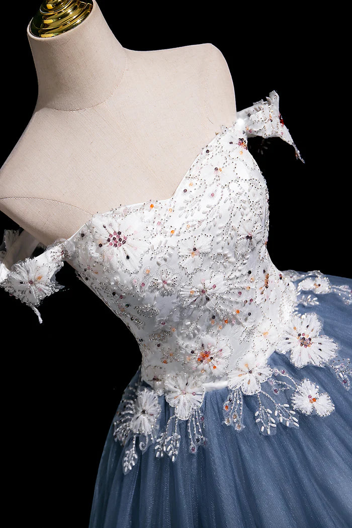 White Floral Print Tulle Long Prom Dress, Beautiful A-Line Party Dress