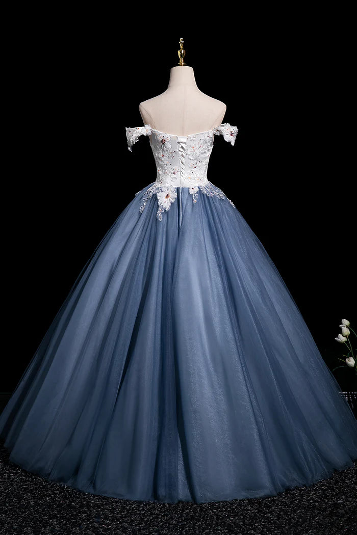 White Floral Print Tulle Long Prom Dress, Beautiful A-Line Party Dress