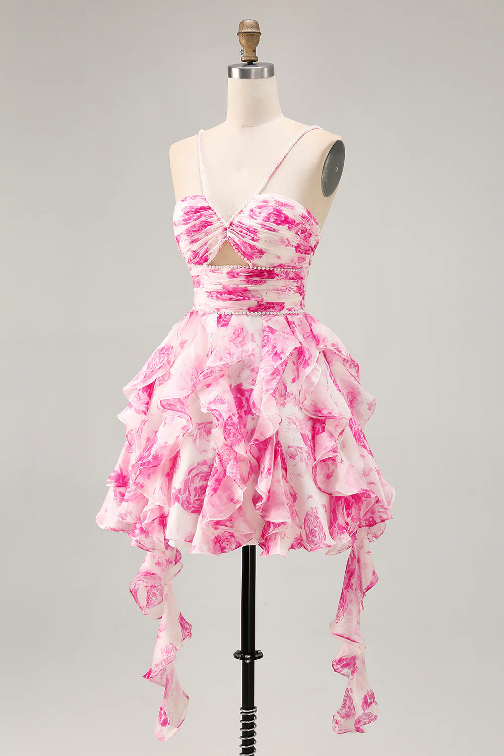 White Fuchsia Flower A-Line Halter Beaded Short Homecoming Dress with Pearls