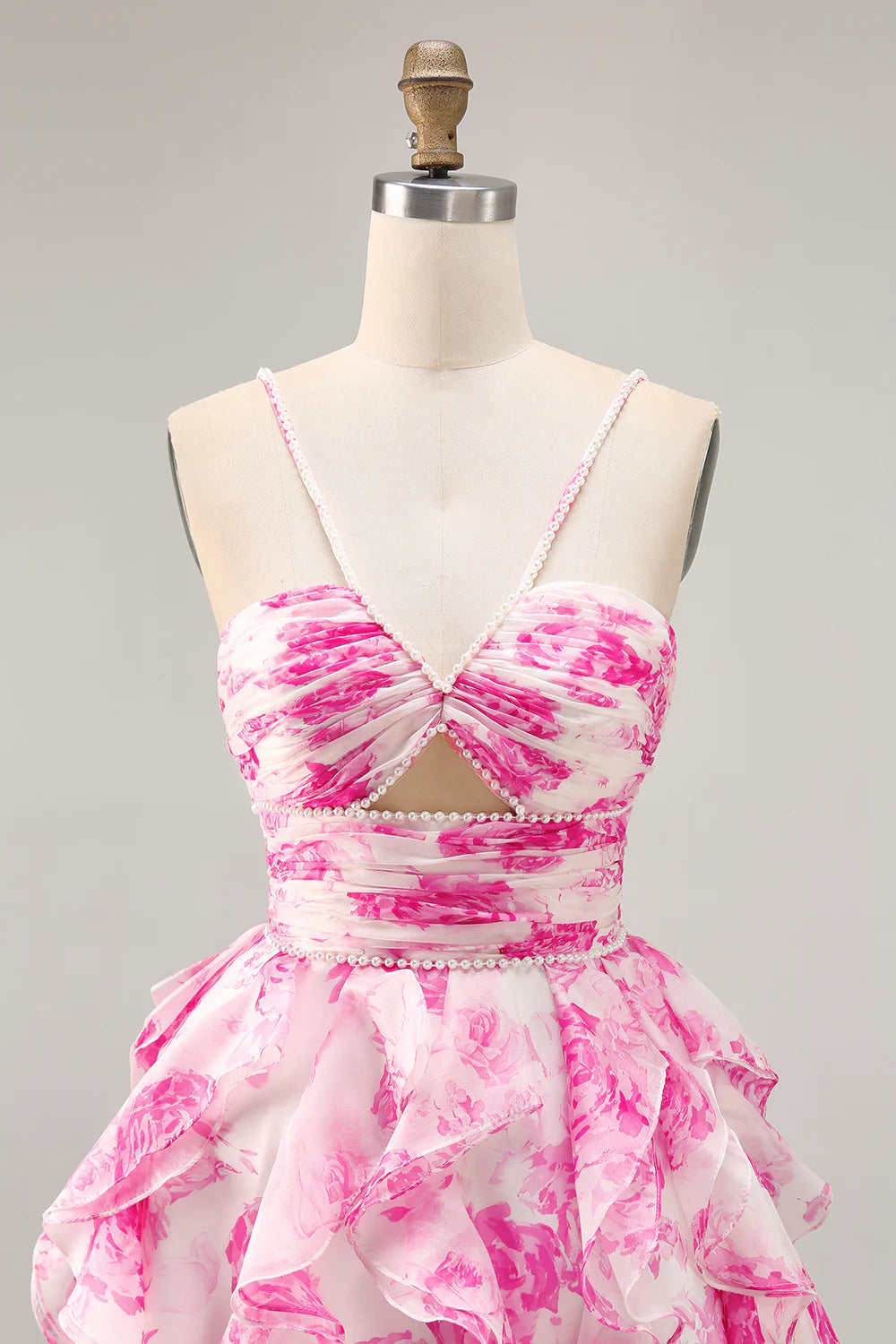 White Fuchsia Flower A-Line Halter Beaded Short Homecoming Dress with Pearls