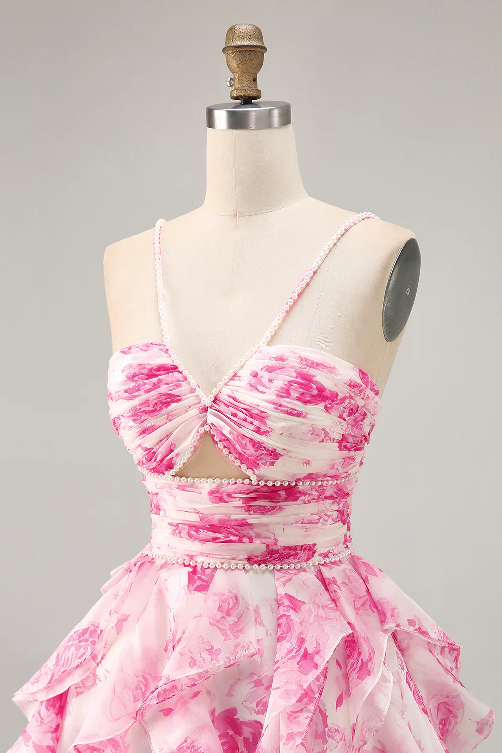 White Fuchsia Flower A-Line Halter Beaded Short Homecoming Dress with Pearls