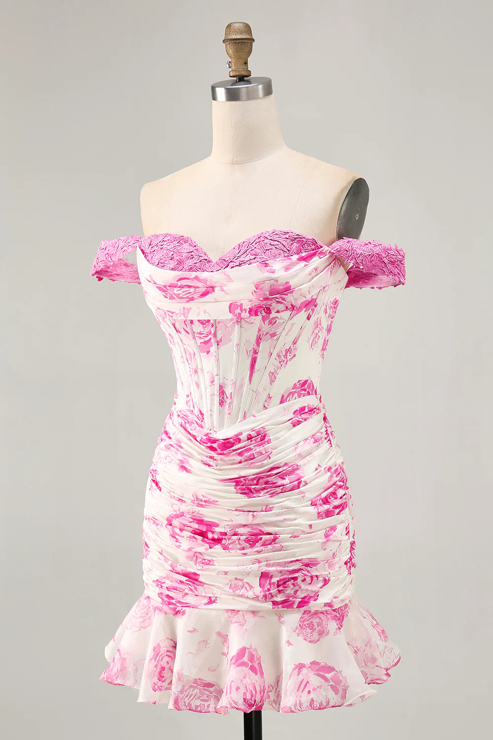 White Fuchsia Flower Off The Shoulder Printed Short Homecoming Dress