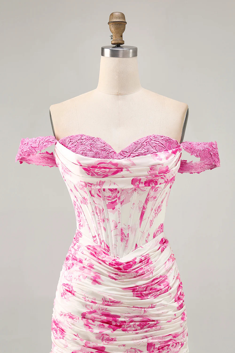 White Fuchsia Flower Off The Shoulder Printed Short Homecoming Dress