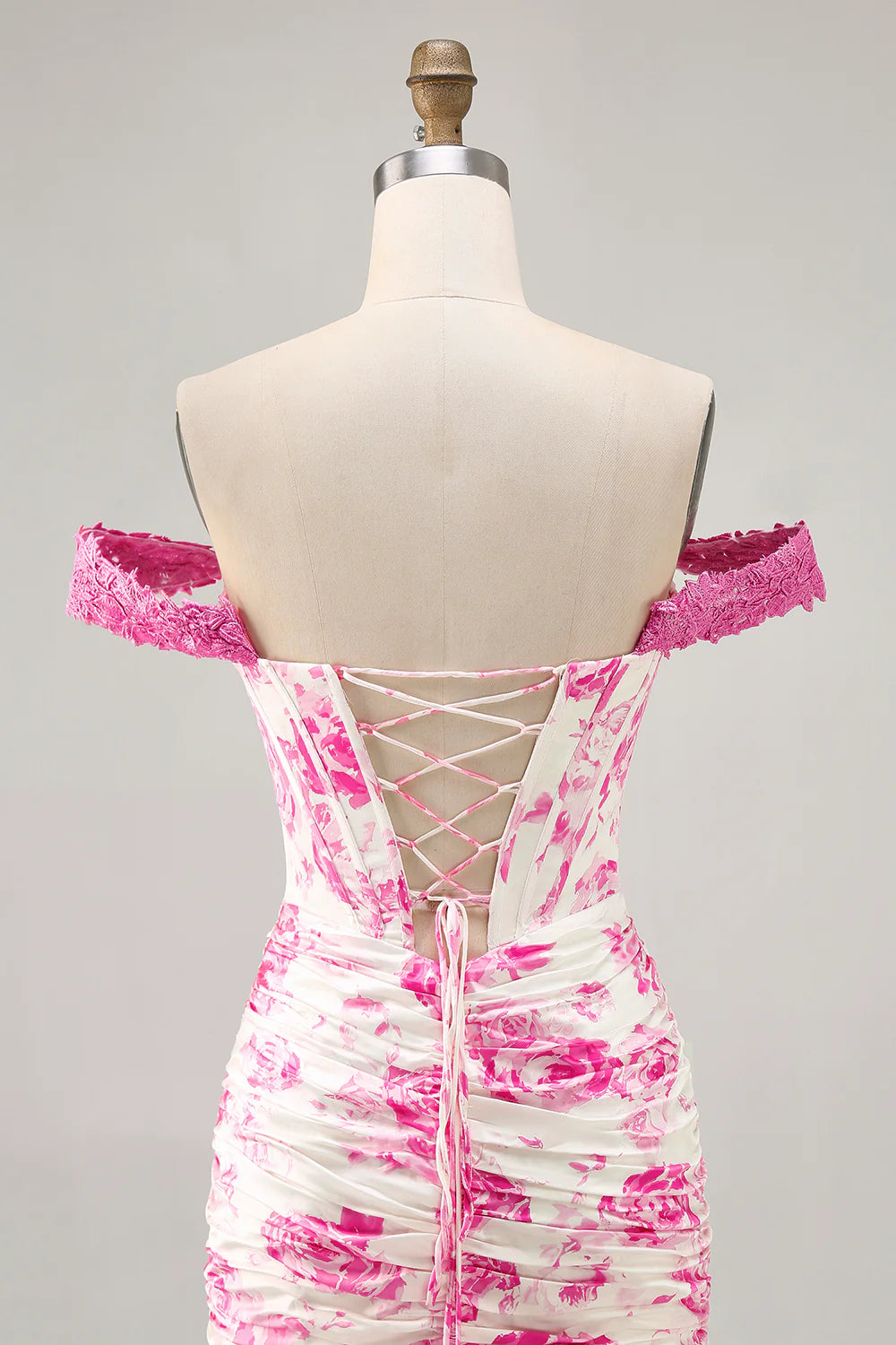 White Fuchsia Flower Off The Shoulder Printed Short Homecoming Dress