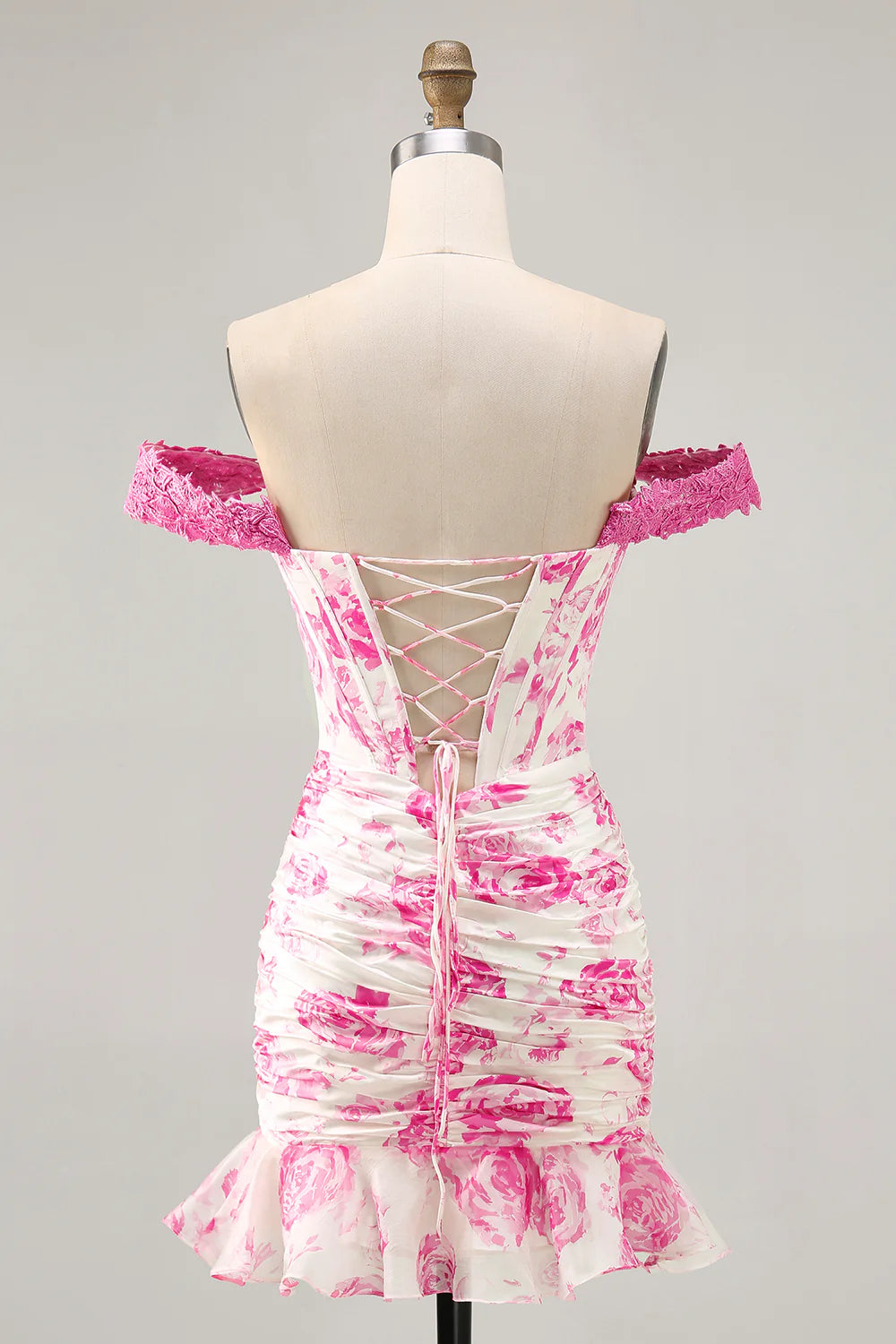 White Fuchsia Flower Off The Shoulder Printed Short Homecoming Dress