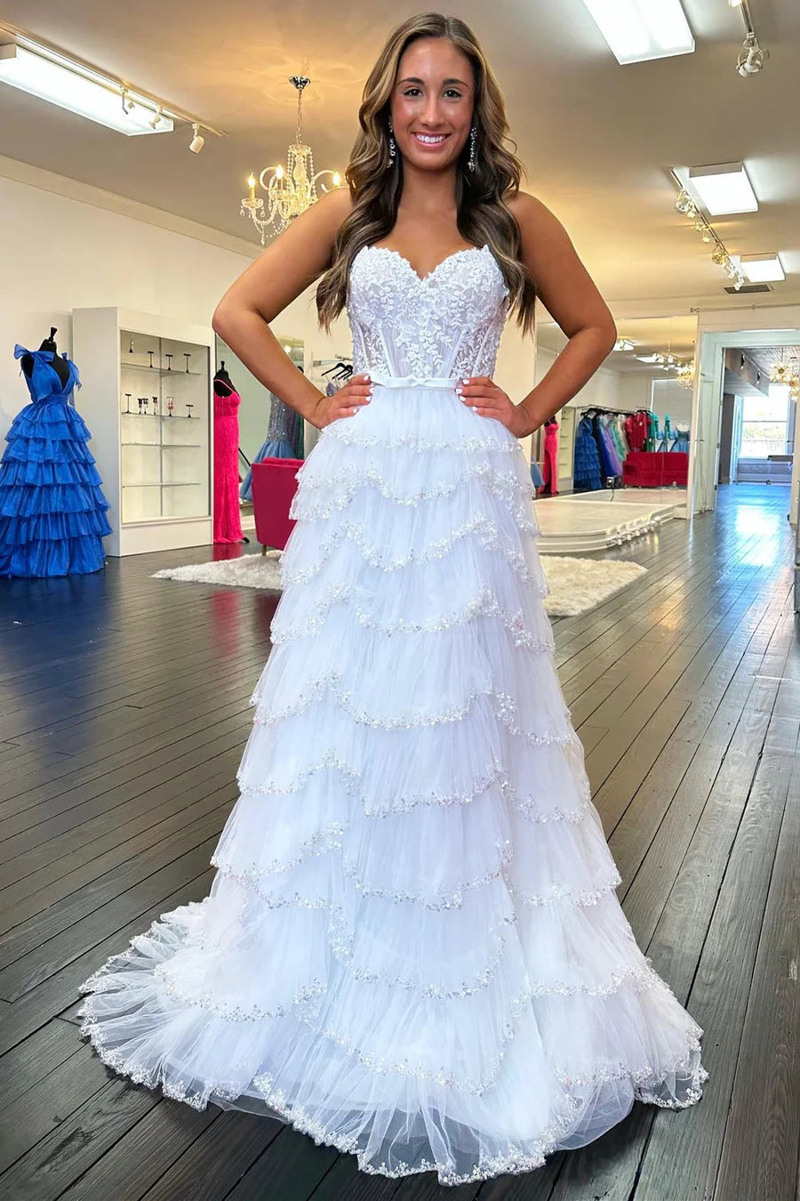 White Lace Beaded Ruffle Tiered Long Prom Dress with Slit