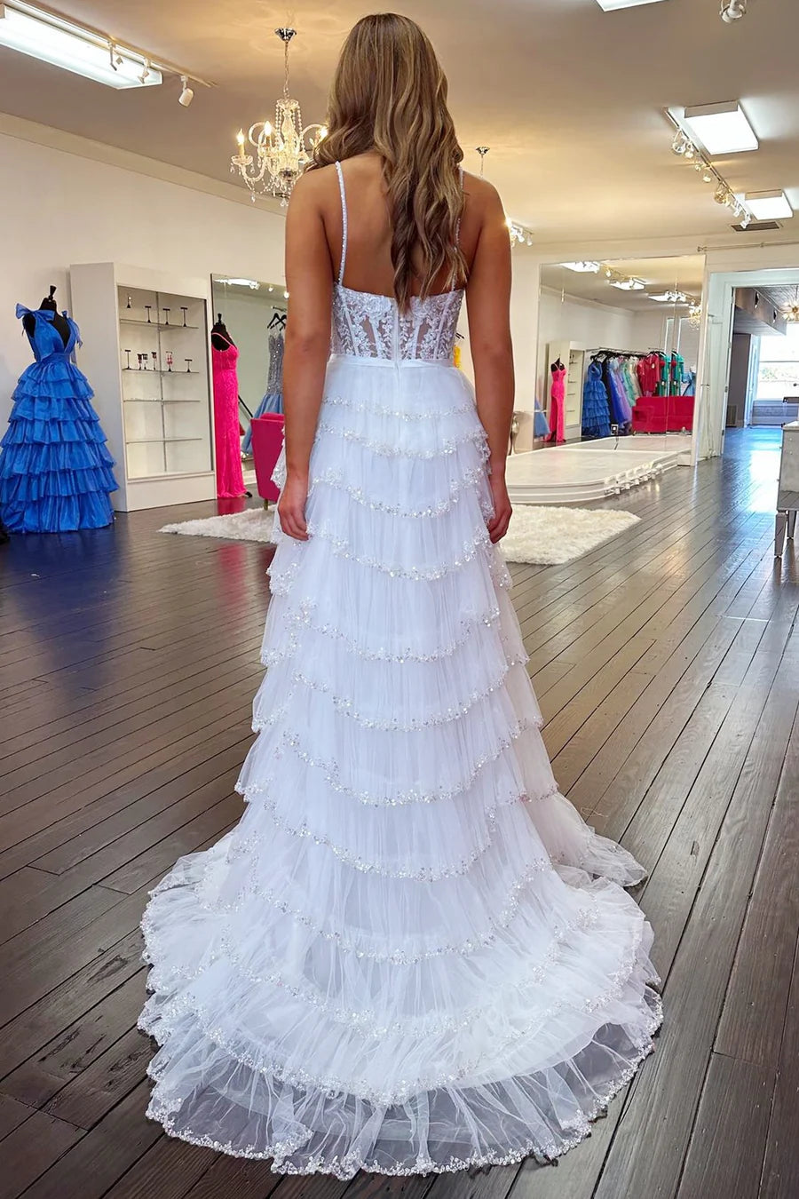 White Lace Beaded Ruffle Tiered Long Prom Dress with Slit
