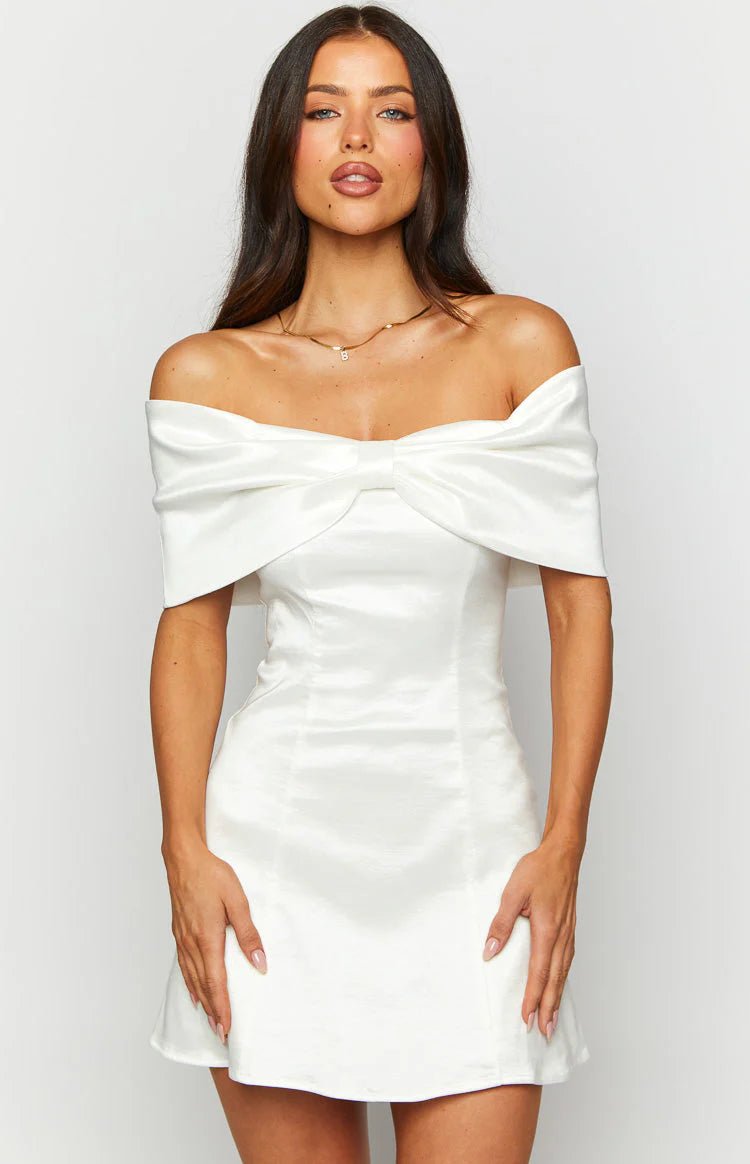 White Large bow detailing on bust Mini Dress