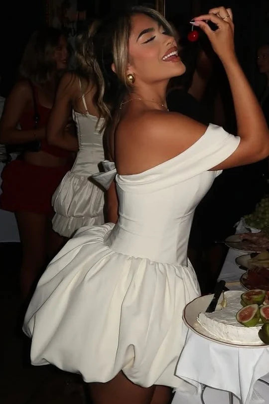 White Off-Shoulder V-Neck Satin Short Cocktail Homecoming Dress