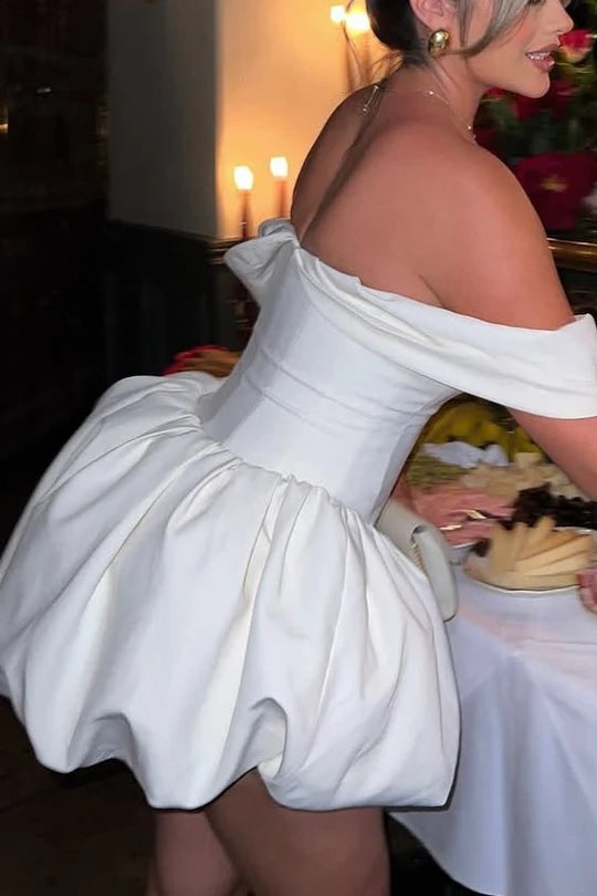 White Off-Shoulder V-Neck Satin Short Cocktail Homecoming Dress