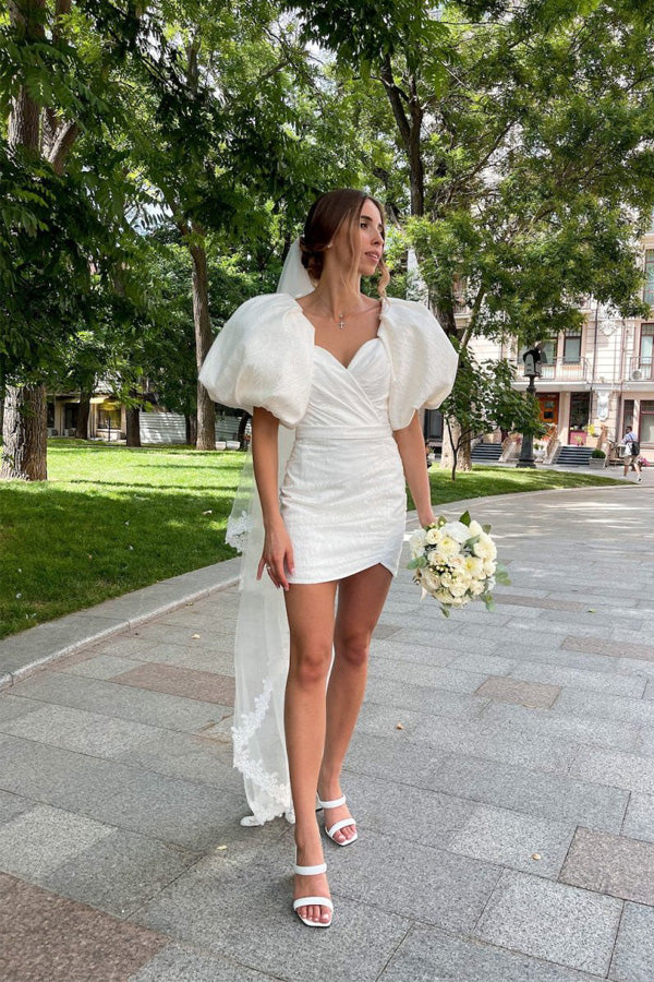 White Puff Sleeves Short Wedding Dress Mini Wedding Dress