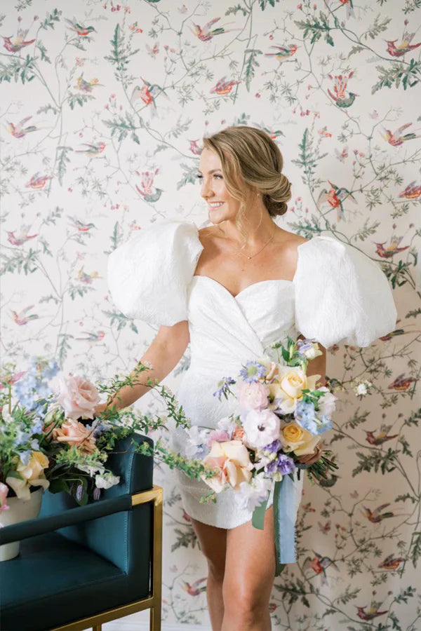 White Puff Sleeves Short Wedding Dress Mini Wedding Dress