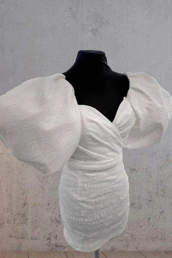 White Puff Sleeves Short Wedding Dress Mini Wedding Dress