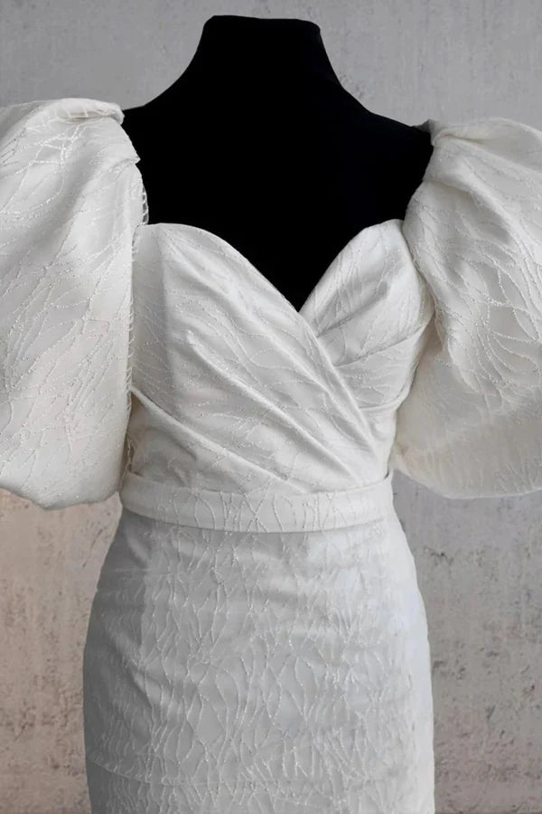 White Puff Sleeves Short Wedding Dress Mini Wedding Dress