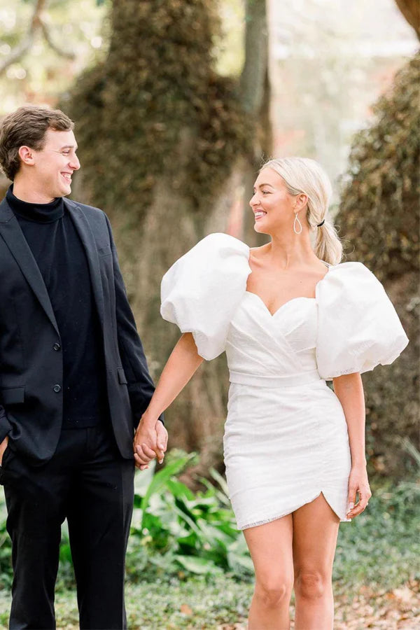 White Puff Sleeves Short Wedding Dress Mini Wedding Dress
