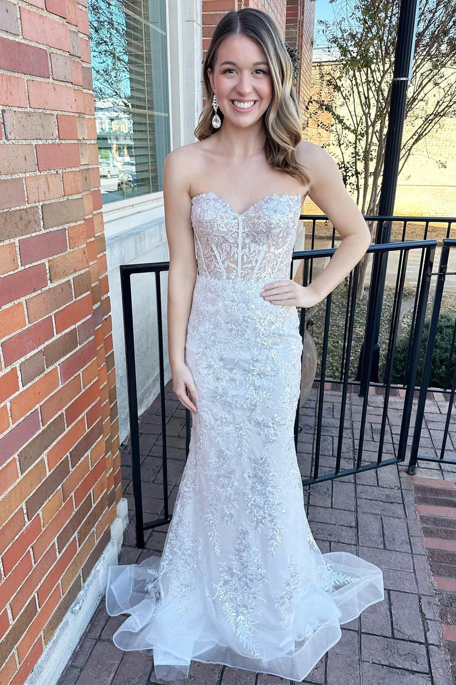 White Sequin Lace Strapless Long Formal Dress with Balloon Sleeves